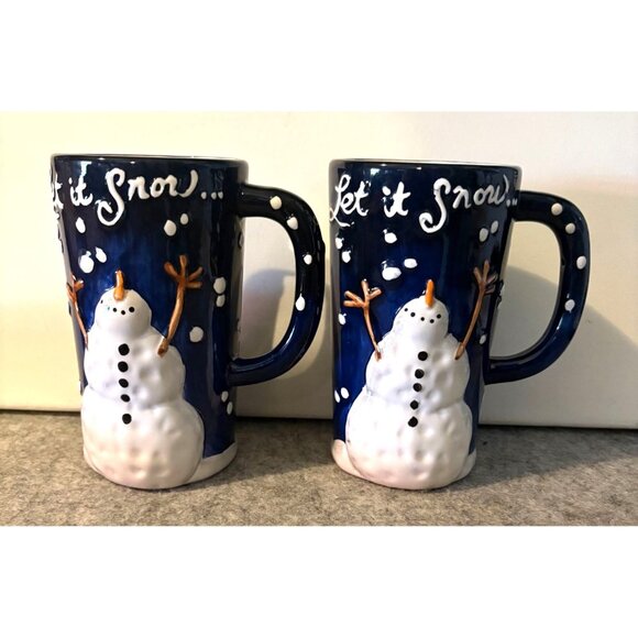 Set of 2 Bella Casa By Ganz Tall 6" Let it Snow Coffee Mugs w/ Snowmen  # 3004 - Picture 1 of 5